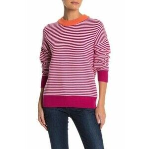Elodie Pullover Sweater Top Size L Crew Striped Orange Fuschia Pink NWT B85